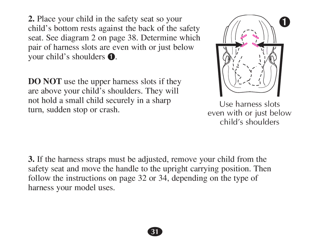 Graco 7421 owner manual Use harness slots Even with or just below Child’s shoulders 