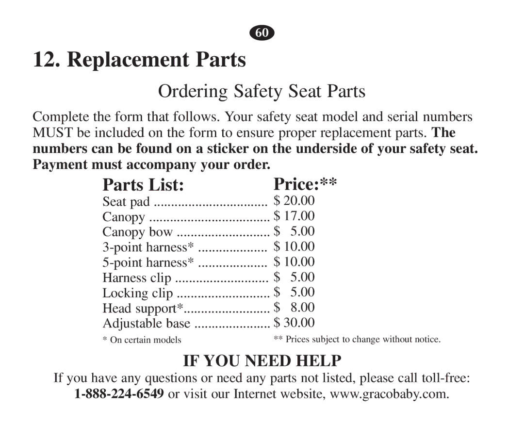 Graco 7421 owner manual Replacement Parts, Ordering Safety Seat Parts 