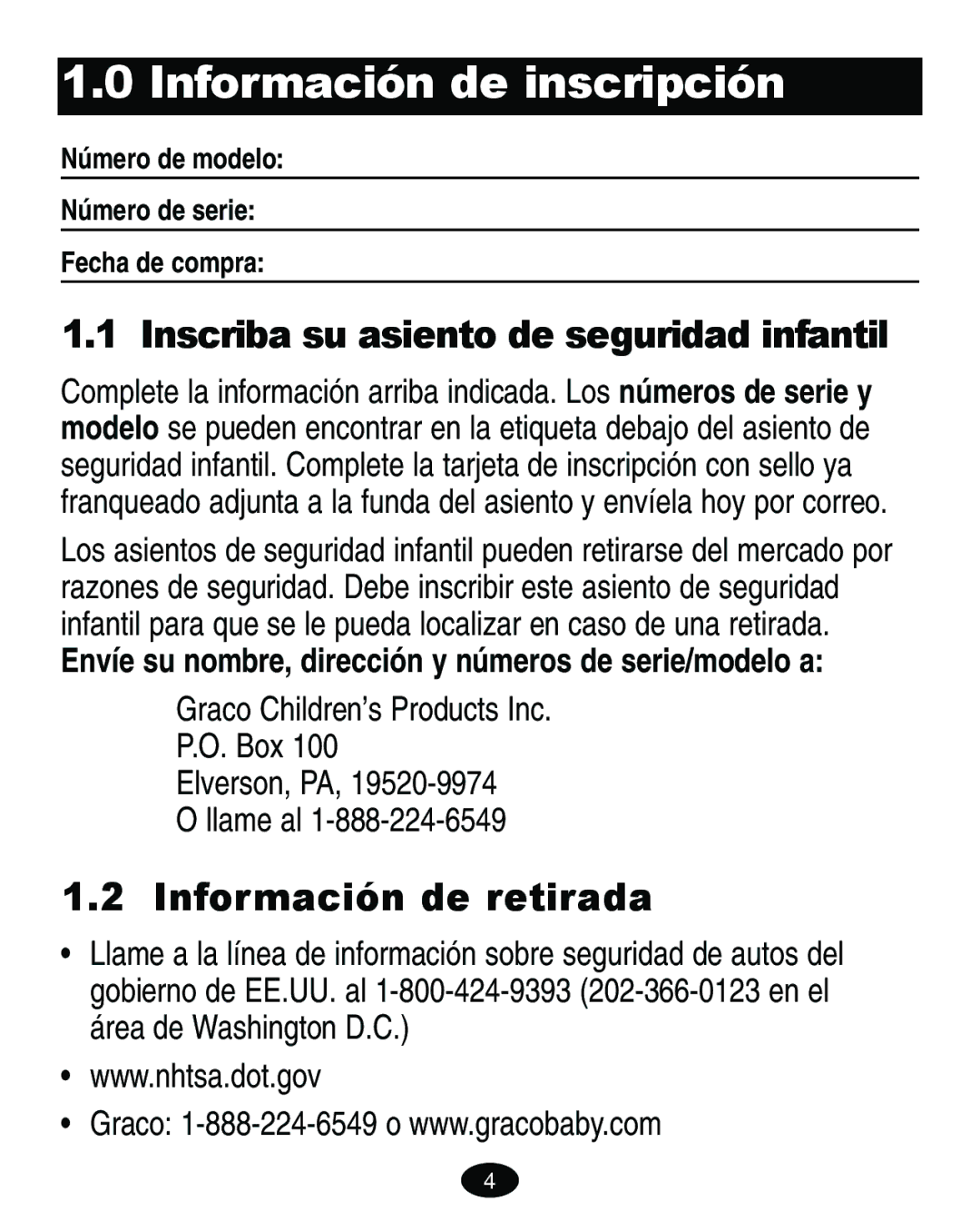 Graco 7421 owner manual Información de inscripción, Información de retirada 