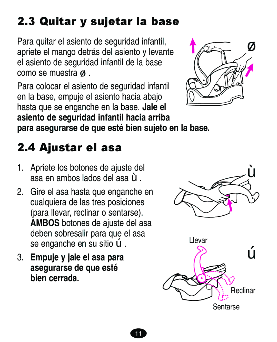 Graco 7421 owner manual Quitar y sujetar la base, Ajustar el asa 