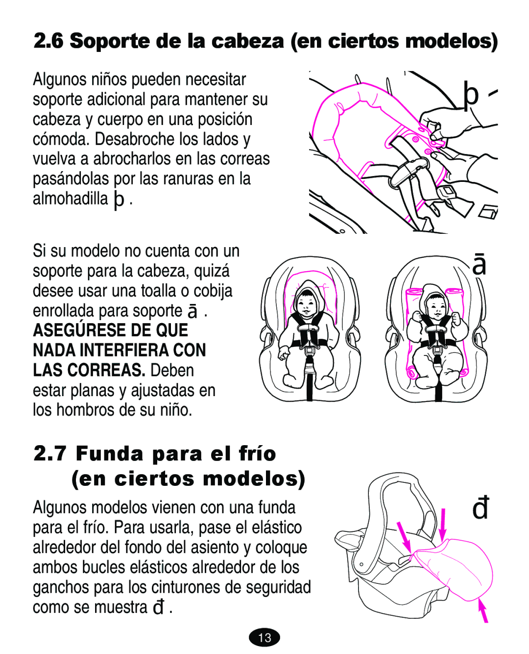 Graco 7421 owner manual Funda para el frío en ciertos modelos, Soporte de la cabeza en ciertos modelos 