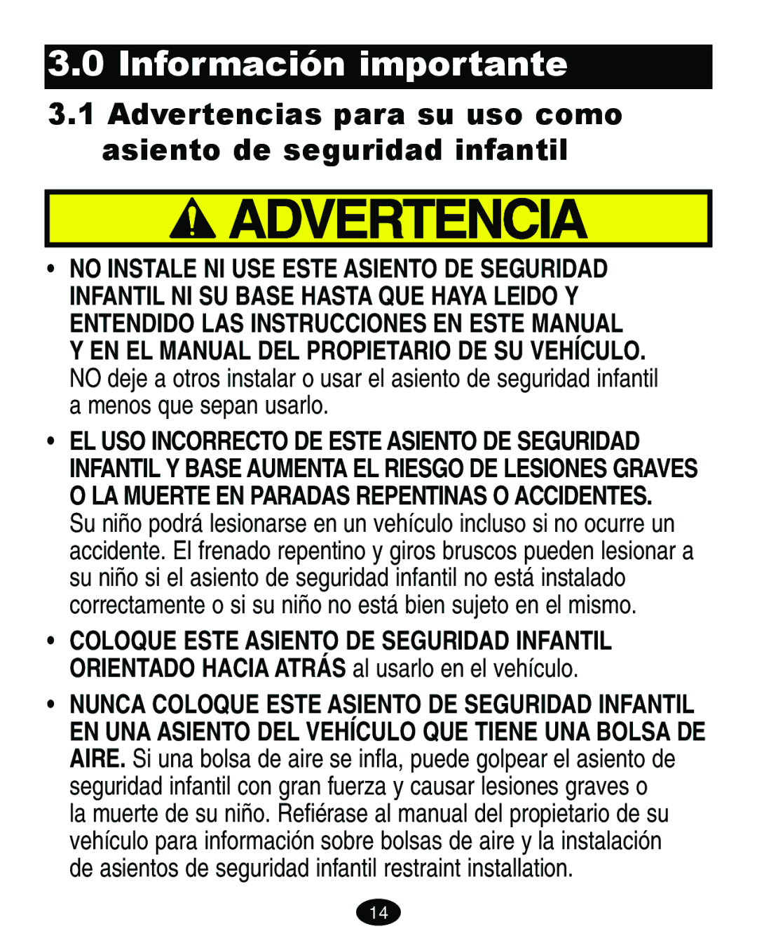 Graco 7421 owner manual Información importante, Advertencias para su uso como Asiento de seguridad infantil 