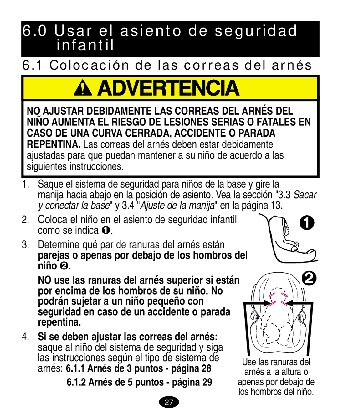 Graco 7424 manual Usar el asiento de seguridad infantil, Colocación de las correas del arnés 