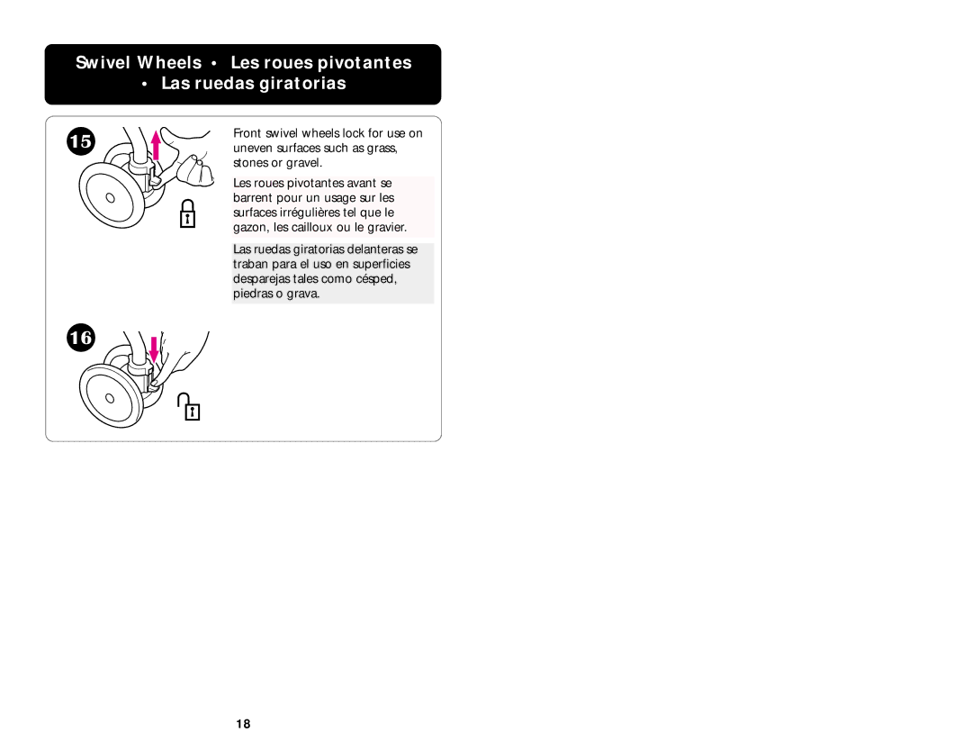 Graco 7424 manual Swivel Wheels Les roues pivotantes Las ruedas giratorias 
