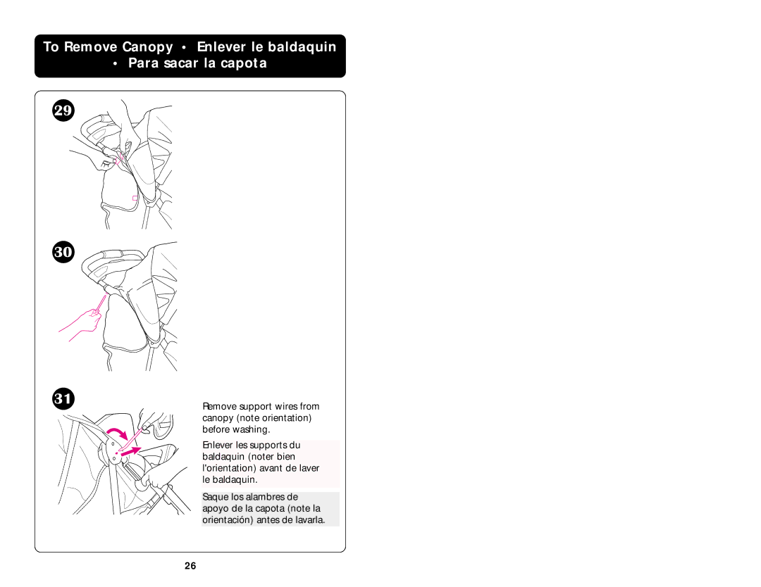 Graco 7424 manual To Remove Canopy Enlever le baldaquin Para sacar la capota 