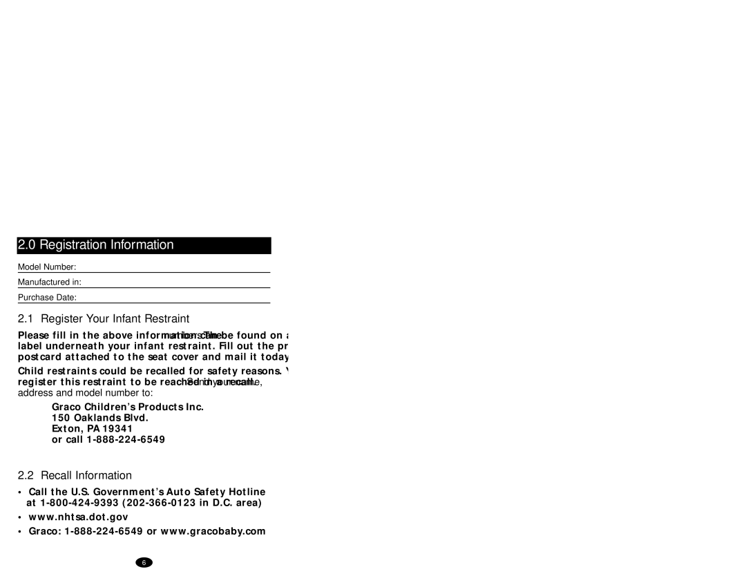 Graco 7424 manual Registration Information, Register Your Infant Restraint, Recall Information, Exton, PA Or call 