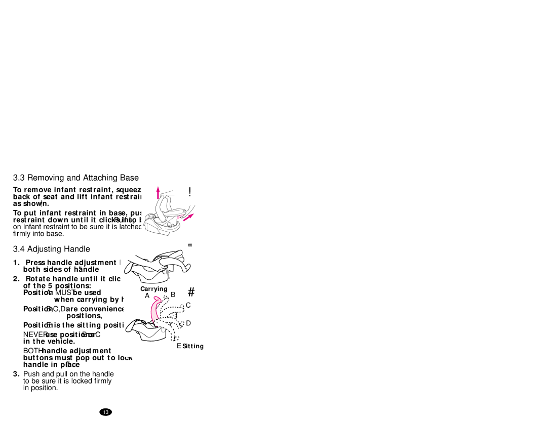 Graco 7424 manual Removing and Attaching Base, Adjusting Handle 