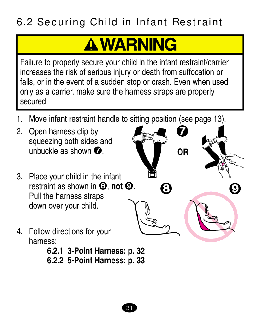 Graco 7424 Securing Child in Infant Restraint, Follow directions for your harness, 1 3-Point Harness p 2 5-Point Harness p 