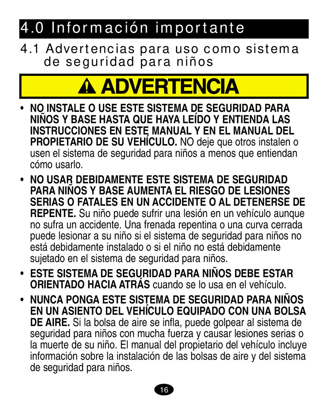 Graco 7424 manual Información importante, Advertencias para uso como sistema de seguridad para niños 