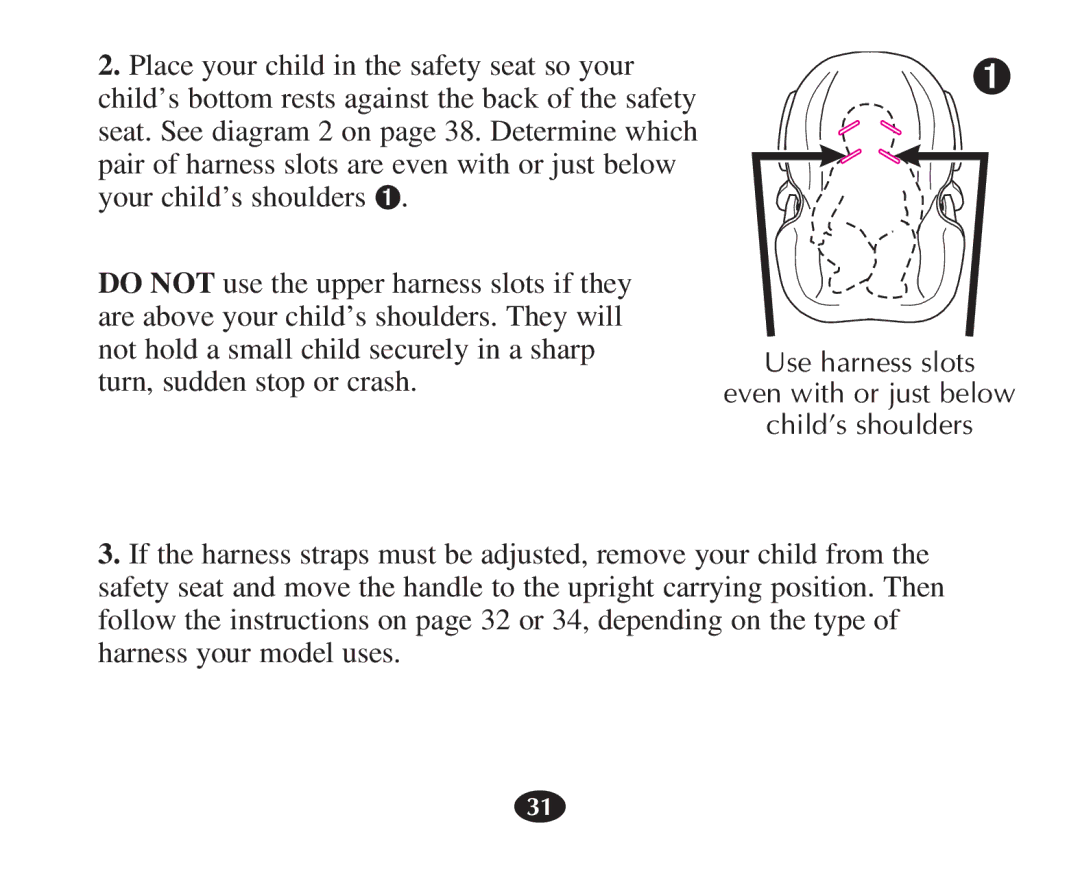 Graco 7427 owner manual Use harness slots Even with or just below Child’s shoulders 