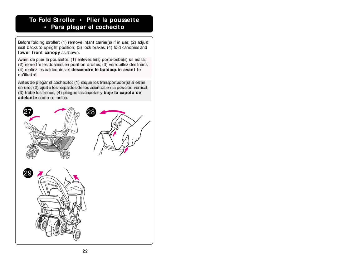 Graco 7444 manual To Fold Stroller Plier la poussette Para plegar el cochecito 