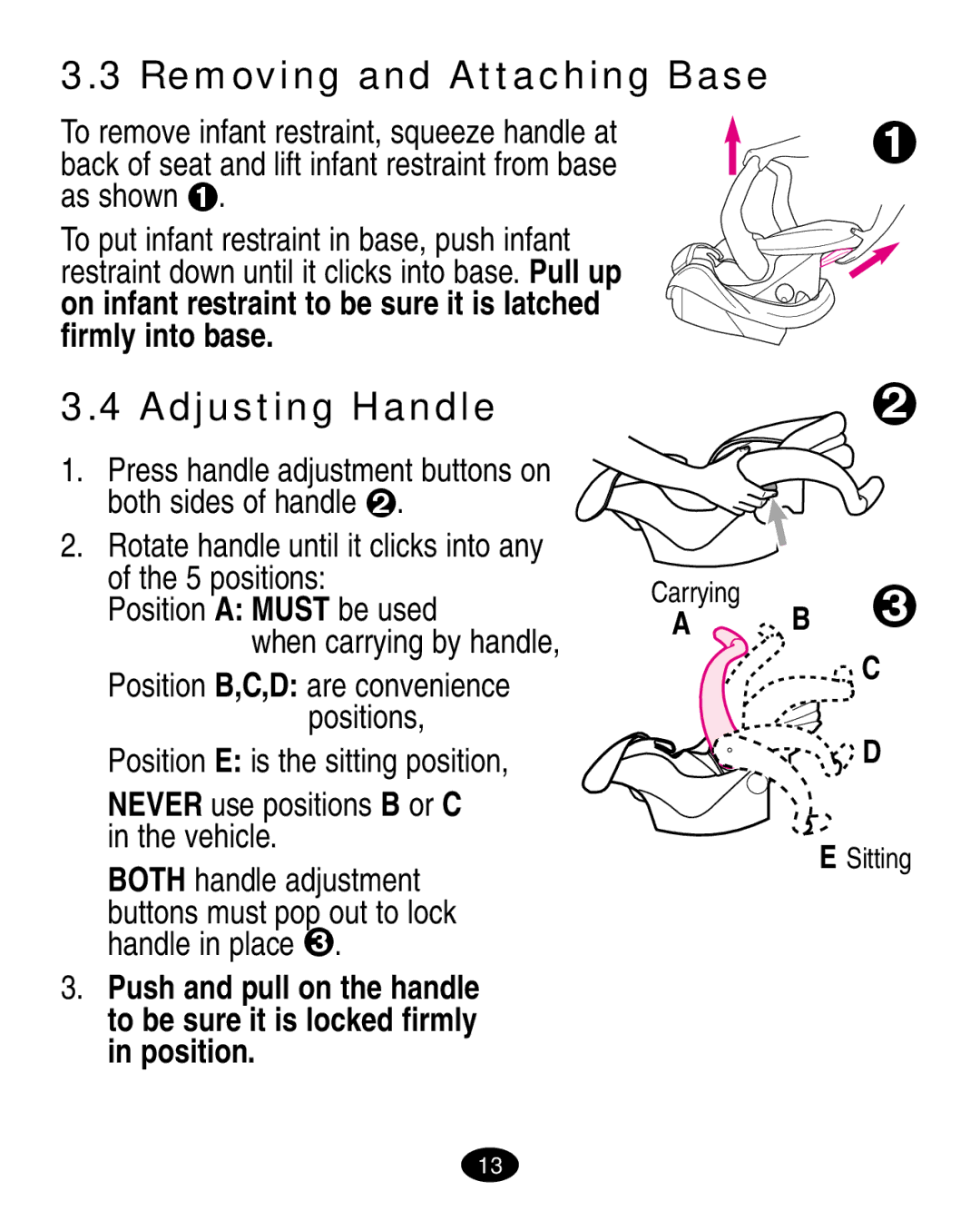 Graco 7444 manual Removing and Attaching Base, Adjusting Handle 