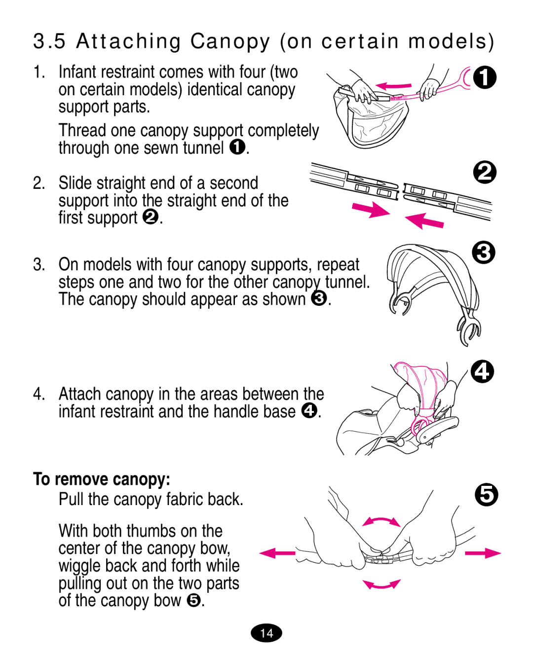 Graco 7444 manual Attaching Canopy on certain models, To remove canopy, Pull the canopy fabric back 