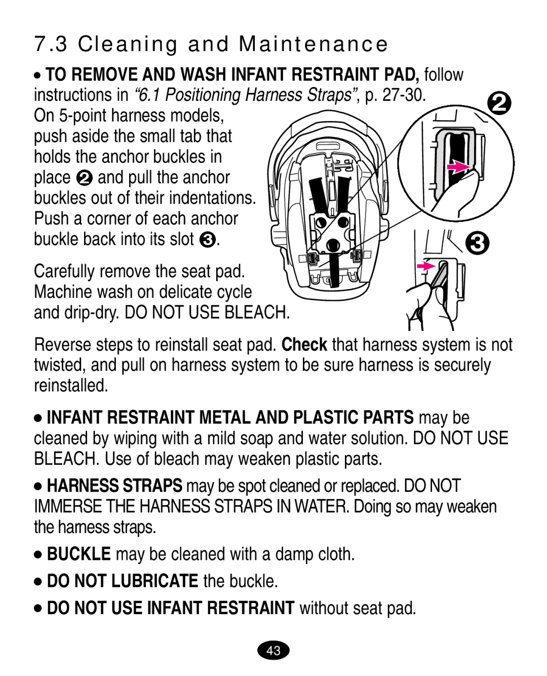 Graco 7444 manual Cleaning and Maintenance, On 5-point harness models 