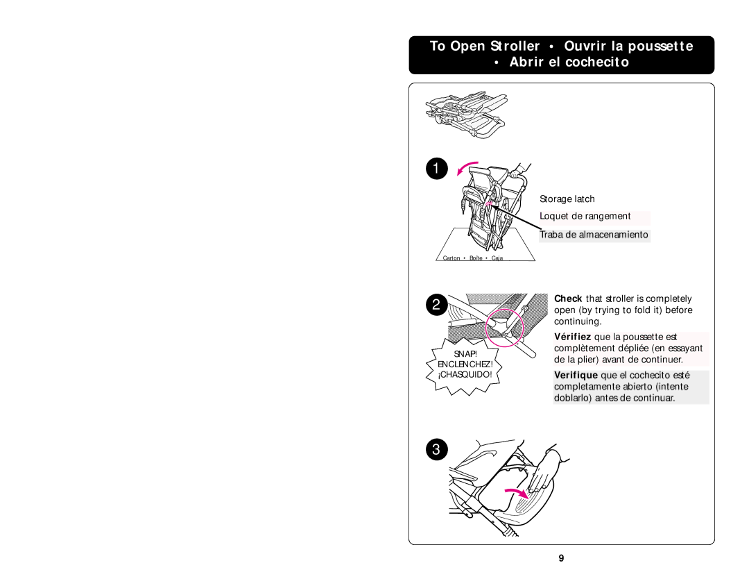 Graco 7444 manual To Open Stroller Ouvrir la poussette Abrir el cochecito 