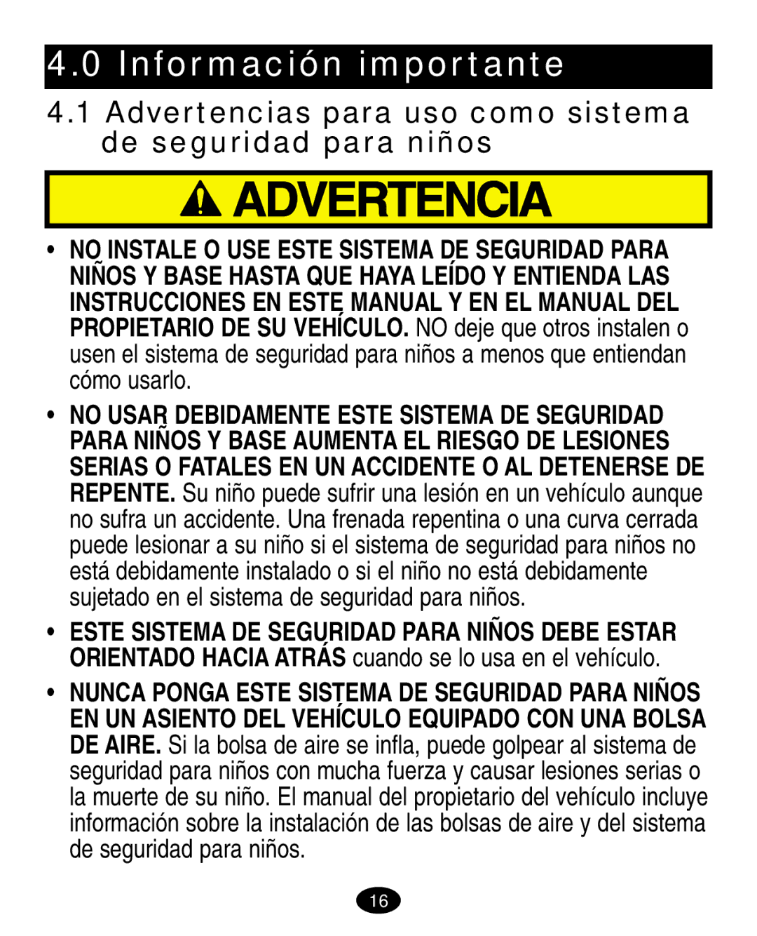 Graco 7498 manual Información importante, Advertencias para uso como sistema de seguridad para niños 