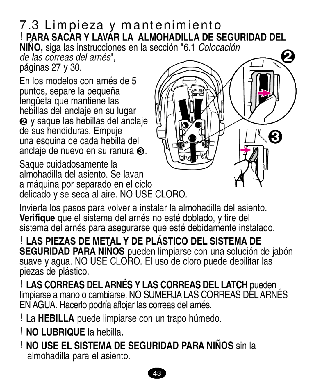 Graco 7498 manual Limpieza y mantenimiento, De las correas del arnés, páginas 27 y 