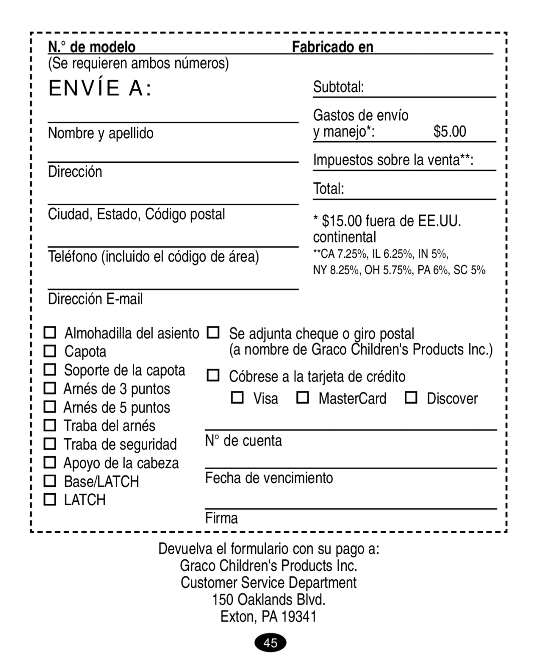 Graco 7498 manual Envíe a 