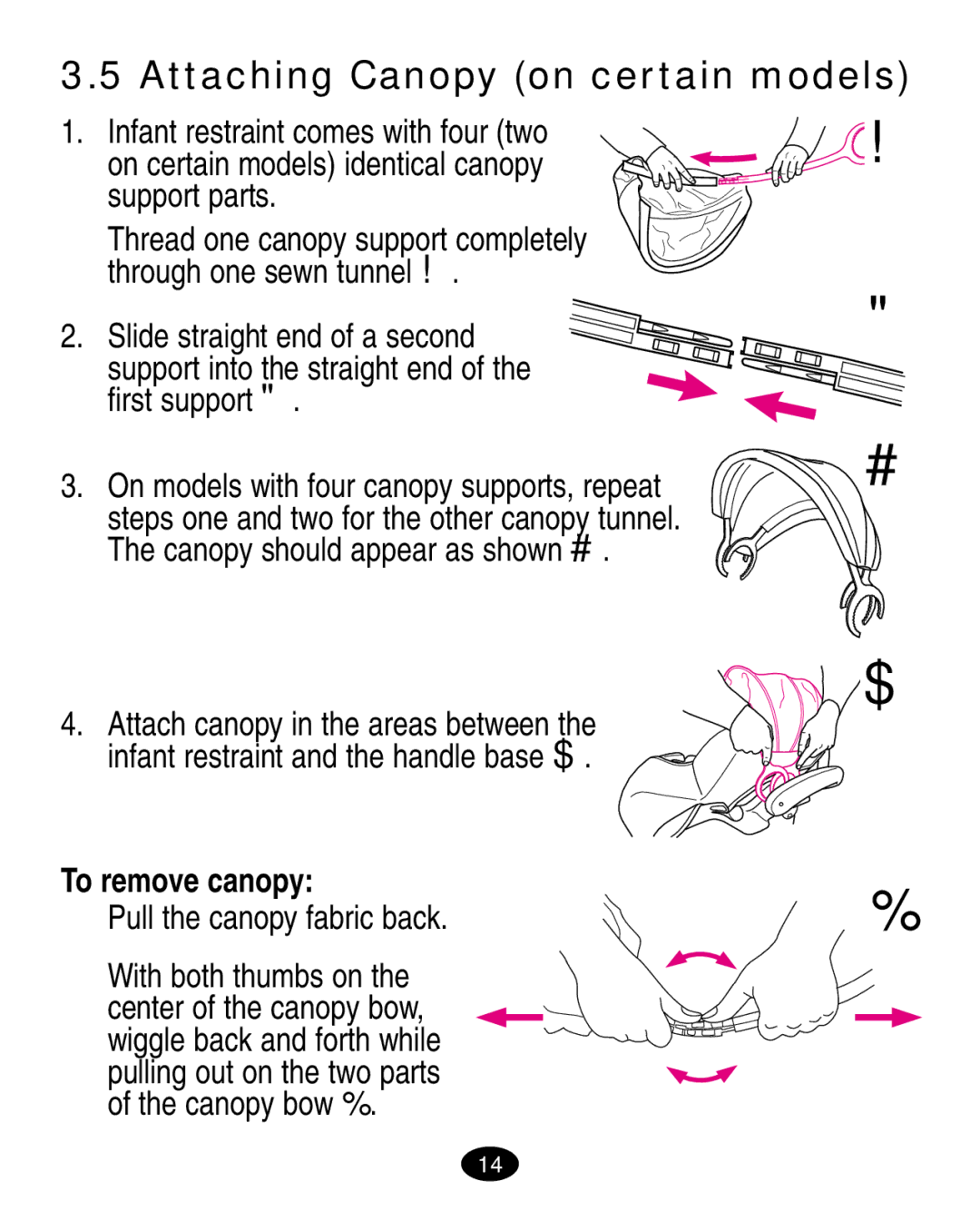 Graco 7498 manual Attaching Canopy on certain models, To remove canopy, Pull the canopy fabric back 