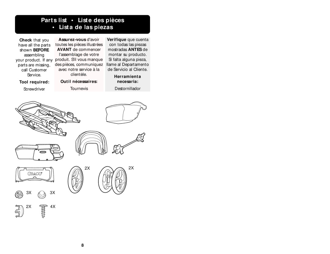 Graco 7498 manual Parts list Liste des pièces Lista de las piezas, Assurez-vous davoir Verifique que cuenta 