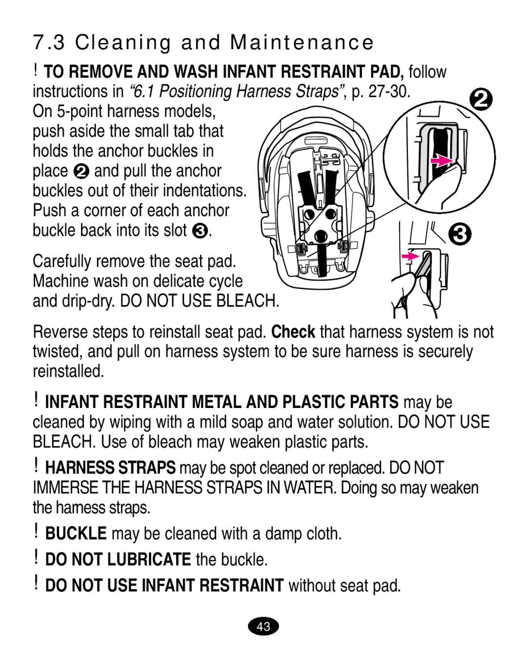 Graco 7498 manual Cleaning and Maintenance, On 5-point harness models 