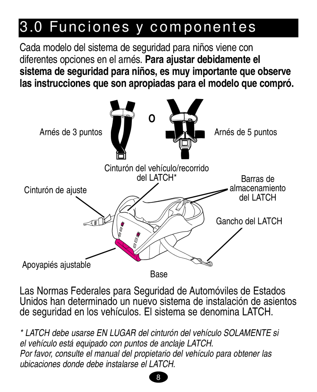 Graco 7498 manual Funciones y componentes, Apoyapiés ajustable Base 