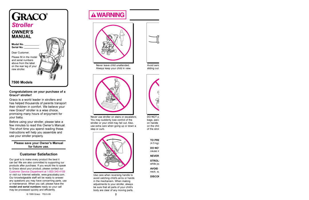 Graco 7500 manual Models, Customer Satisfaction, Congratulations on your purchase of a Graco stroller, For future use 