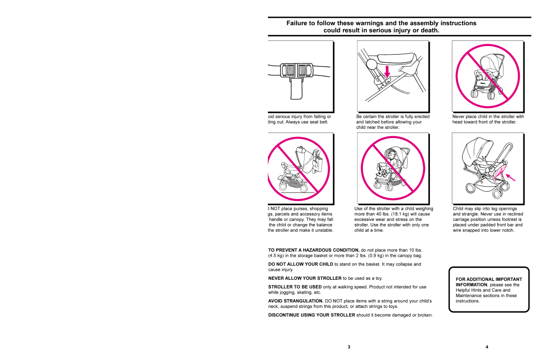 Graco 7500 manual Never Allow Your Stroller to be used as a toy 