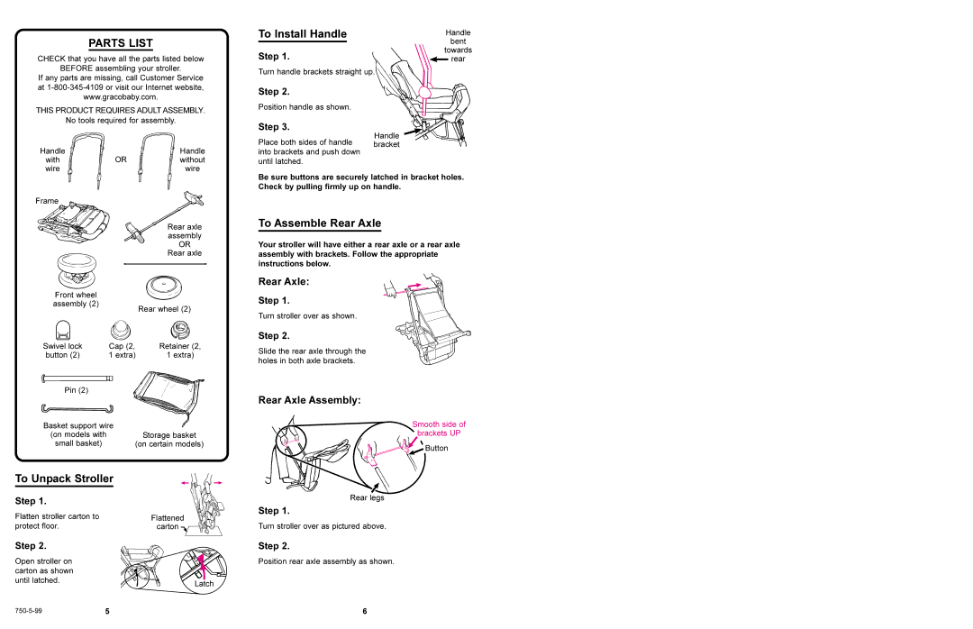 Graco 7500 manual Parts List, To Install Handle, To Unpack Stroller, To Assemble Rear Axle 