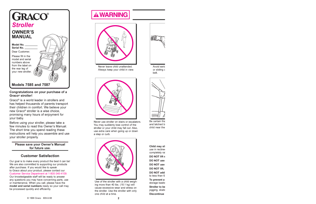 Graco manual Models 7585, Customer Satisfaction, Congratulations on your purchase of a Graco stroller, For future use 