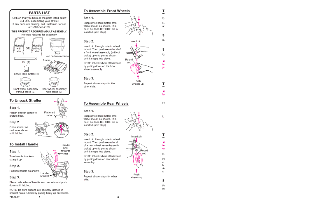 Graco 7575 manual Parts List, To Assemble Front Wheels, To Unpack Stroller, To Install Handle, To Assemble Rear Wheels 