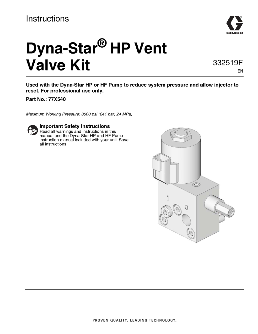 Graco 77X540 important safety instructions Dyna-StarHP Vent Valve Kit, Important Safety Instructions 