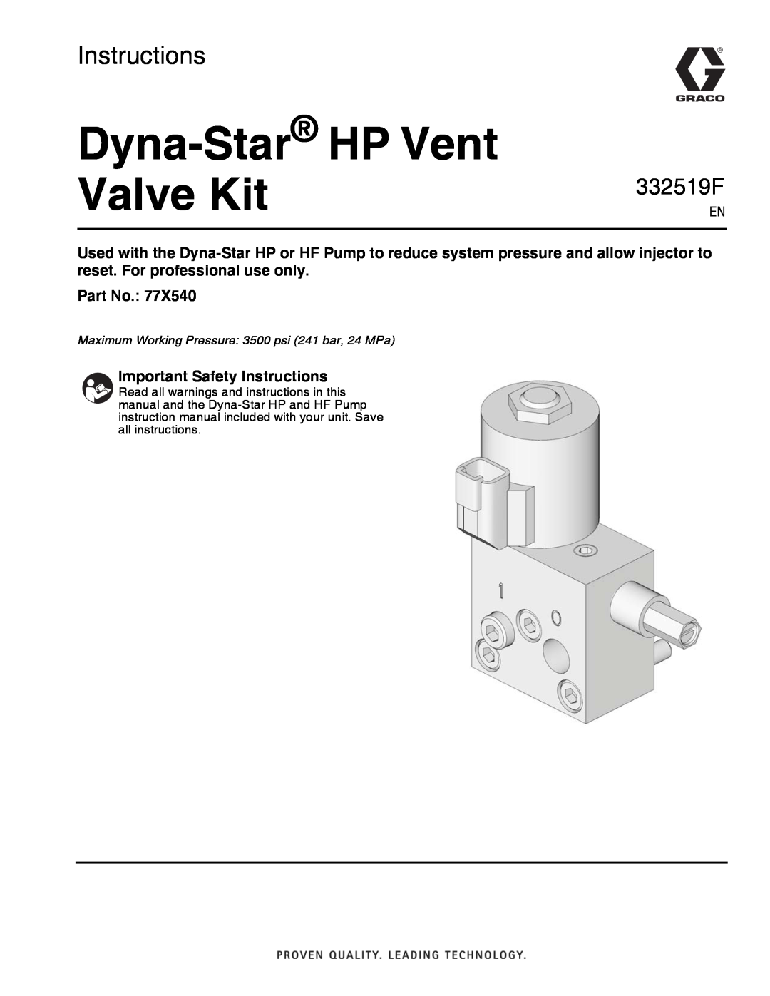 Graco 77X540 important safety instructions Important Safety Instructions, Dyna-Star HP Vent Valve Kit, 332519F 