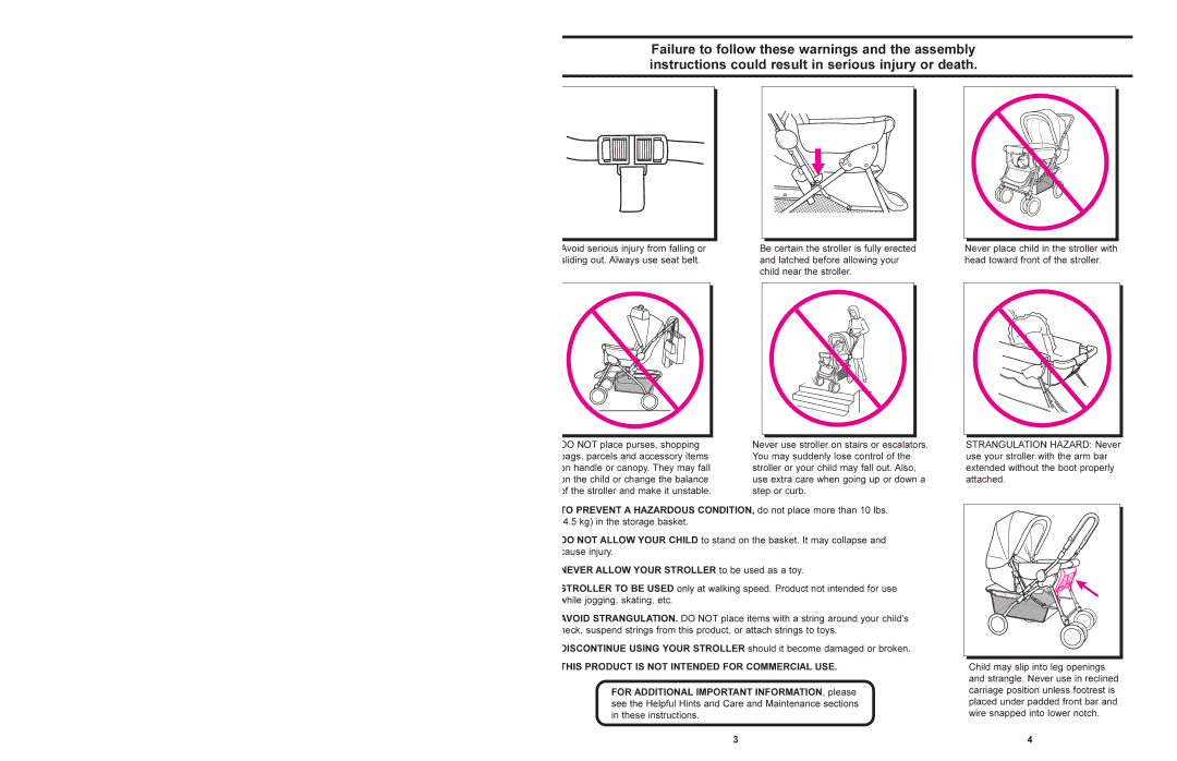 Graco 7825 manual Never Allow Your Stroller to be used as a toy, This Product is not Intended for Commercial USE 