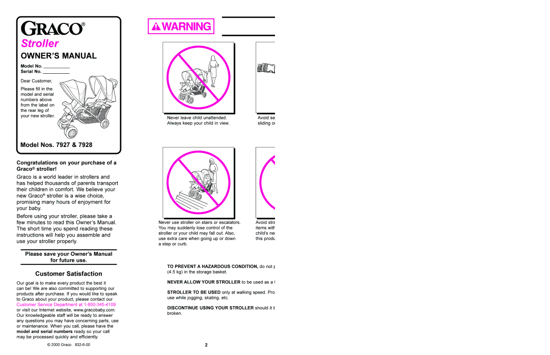 Graco 7928 manual Model Nos, Customer Satisfaction, Congratulations on your purchase of a Graco stroller, For future use 
