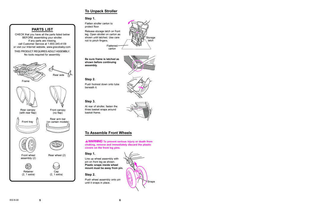 Graco 7928, 7927 manual Parts List, To Unpack Stroller, To Assemble Front Wheels, Step 