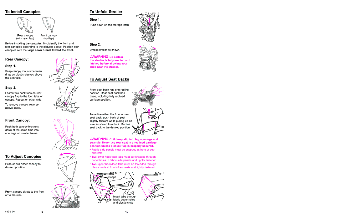 Graco 7928, 7927 manual To Install Canopies, To Adjust Canopies, To Unfold Stroller, To Adjust Seat Backs 