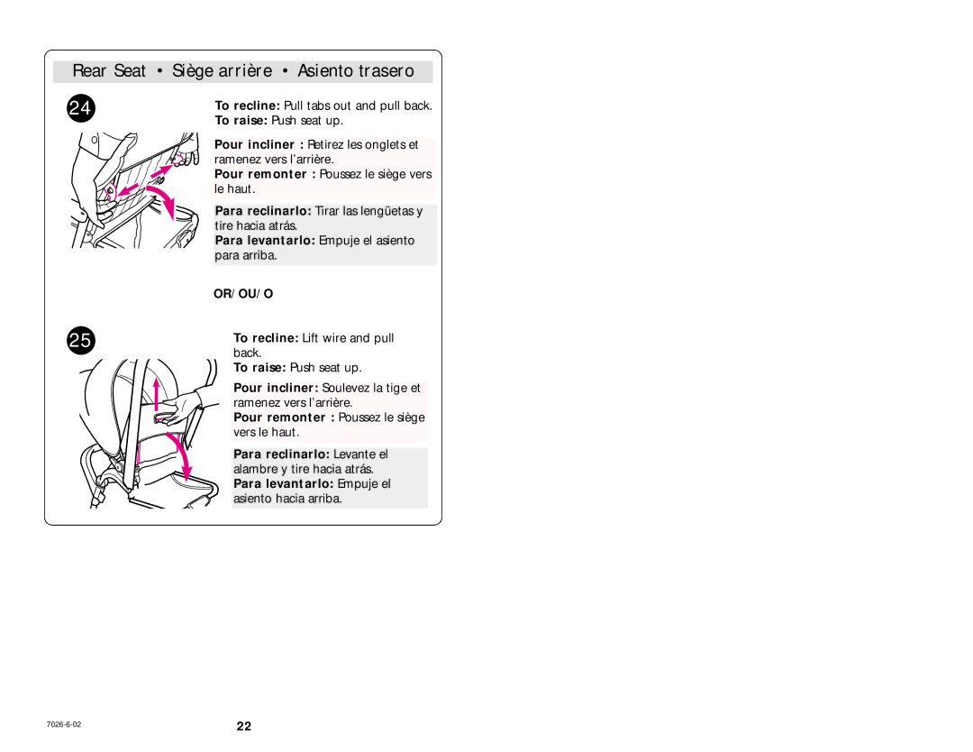 Graco 7936 manual Para levantarlo Empuje el asiento, Pour remonter Poussez le siège, Para reclinarlo Levante el 