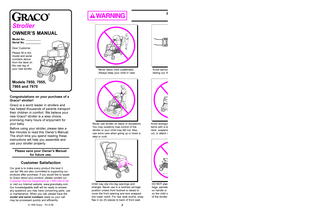 Graco 7970 manual Customer Satisfaction, Models 7950, 7955, 7965, Congratulations on your purchase of a Graco stroller 