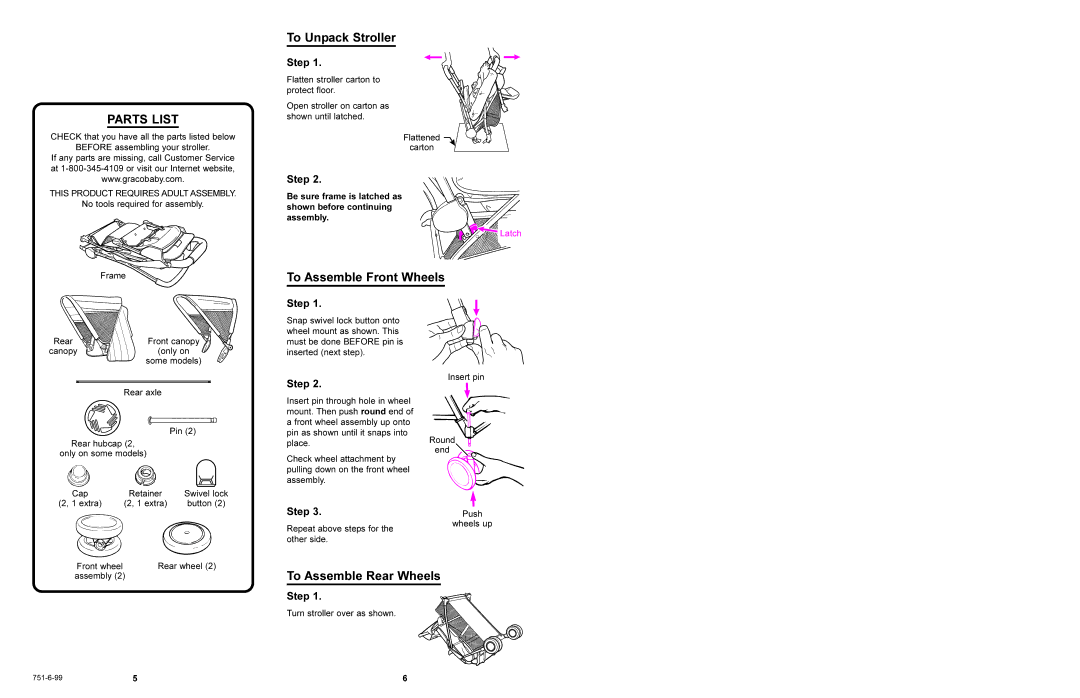 Graco 7955, 7965, 7950, 7970 manual Parts List, To Unpack Stroller, To Assemble Front Wheels, Step 