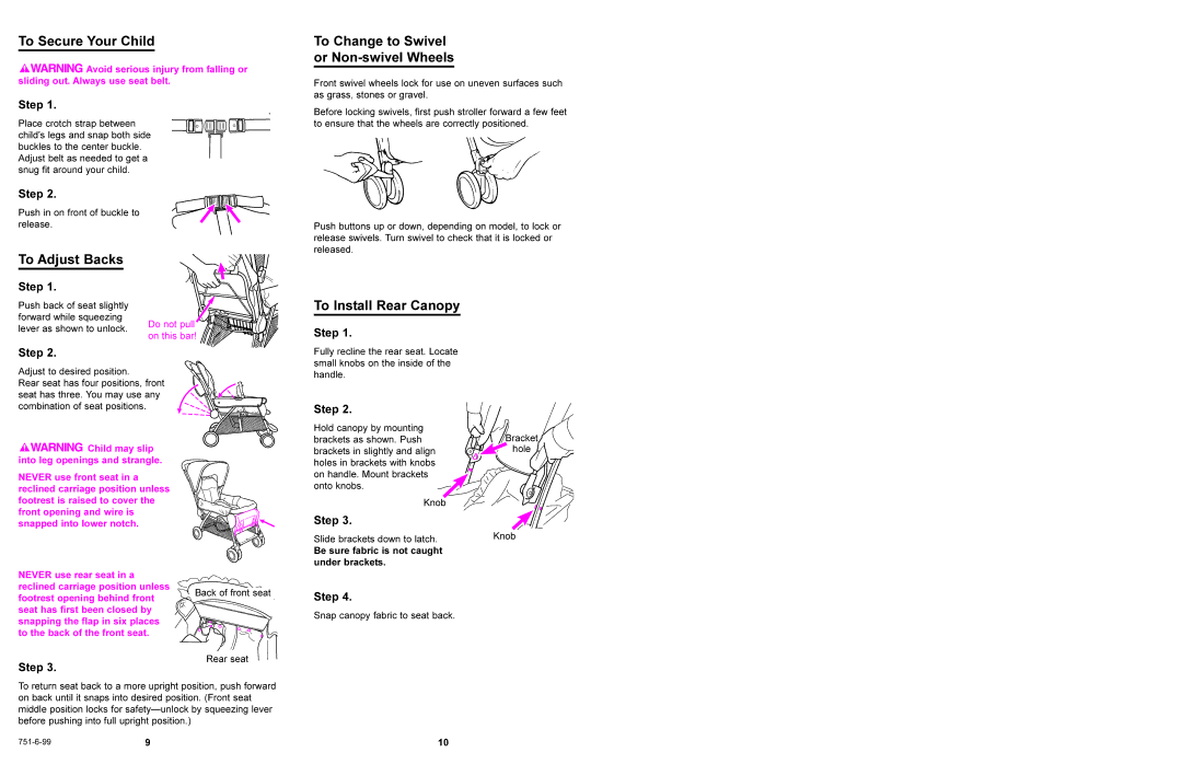 Graco 7950, 7965 To Secure Your Child, To Change to Swivel or Non-swivel Wheels, To Adjust Backs, To Install Rear Canopy 