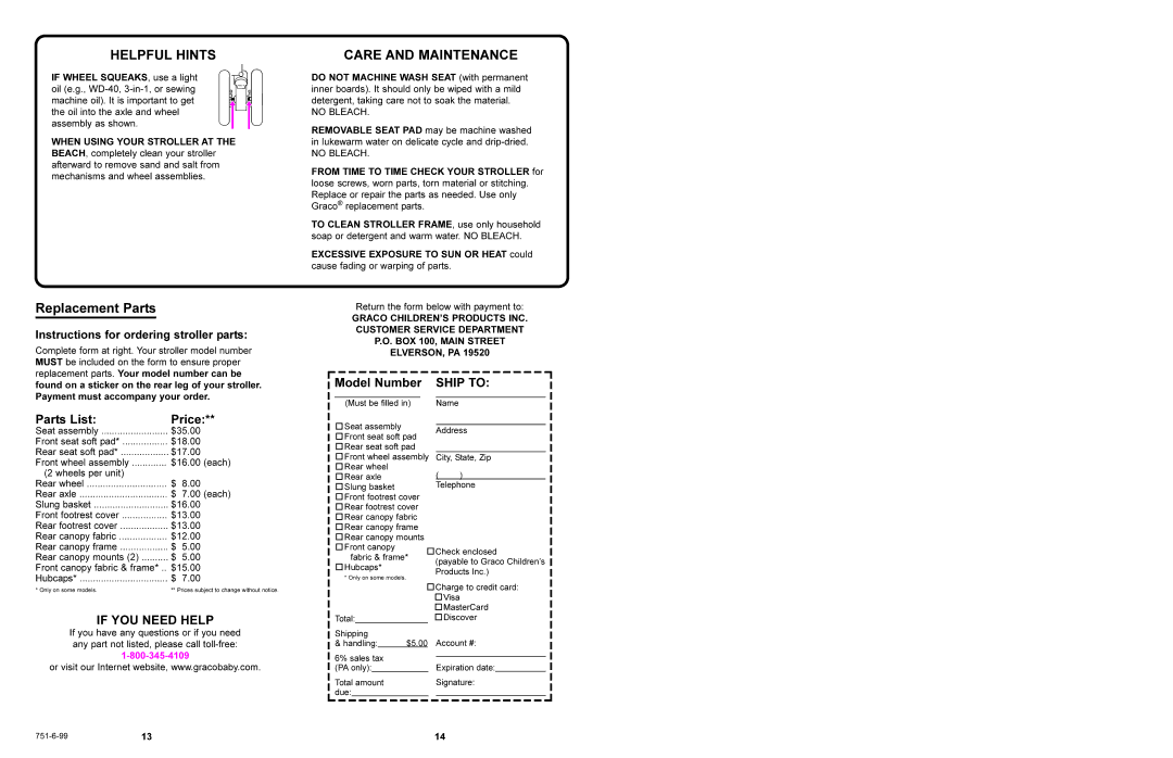 Graco 7955, 7965, 7950 Helpful Hints, Replacement Parts, Care and Maintenance, Instructions for ordering stroller parts 