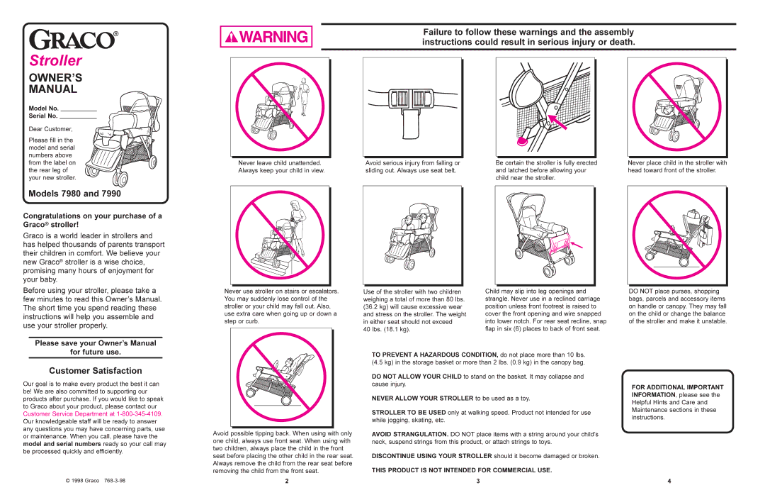 Graco manual Models 7980, Customer Satisfaction 