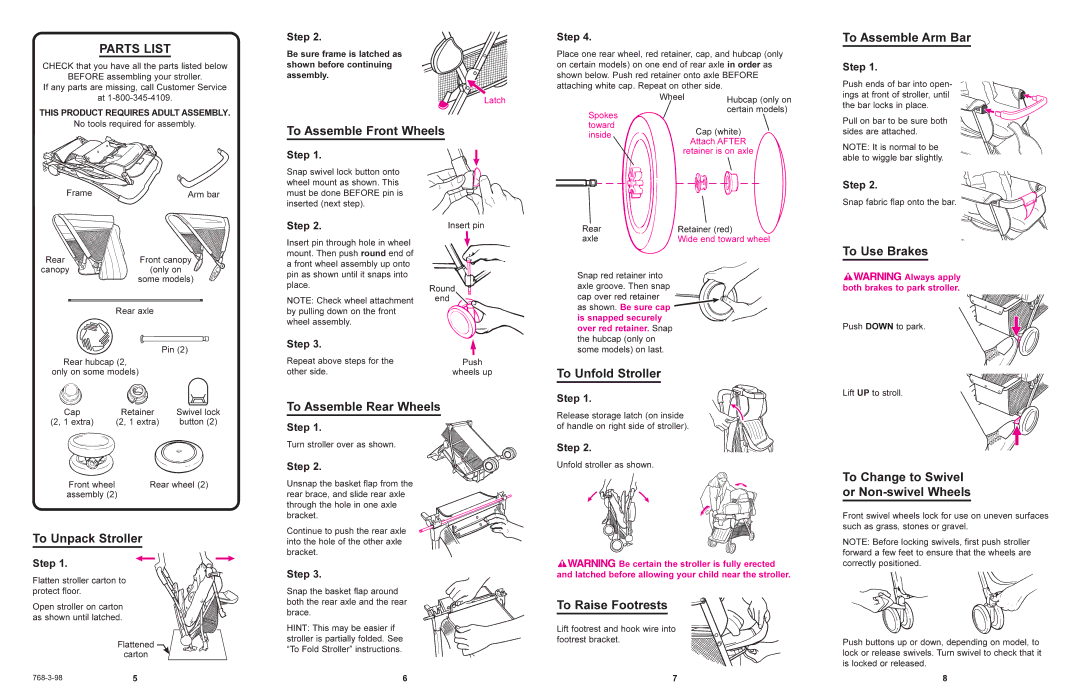 Graco 7980 manual To Assemble Front Wheels, To Assemble Arm Bar, To Use Brakes, To Unpack Stroller, To Assemble Rear Wheels 