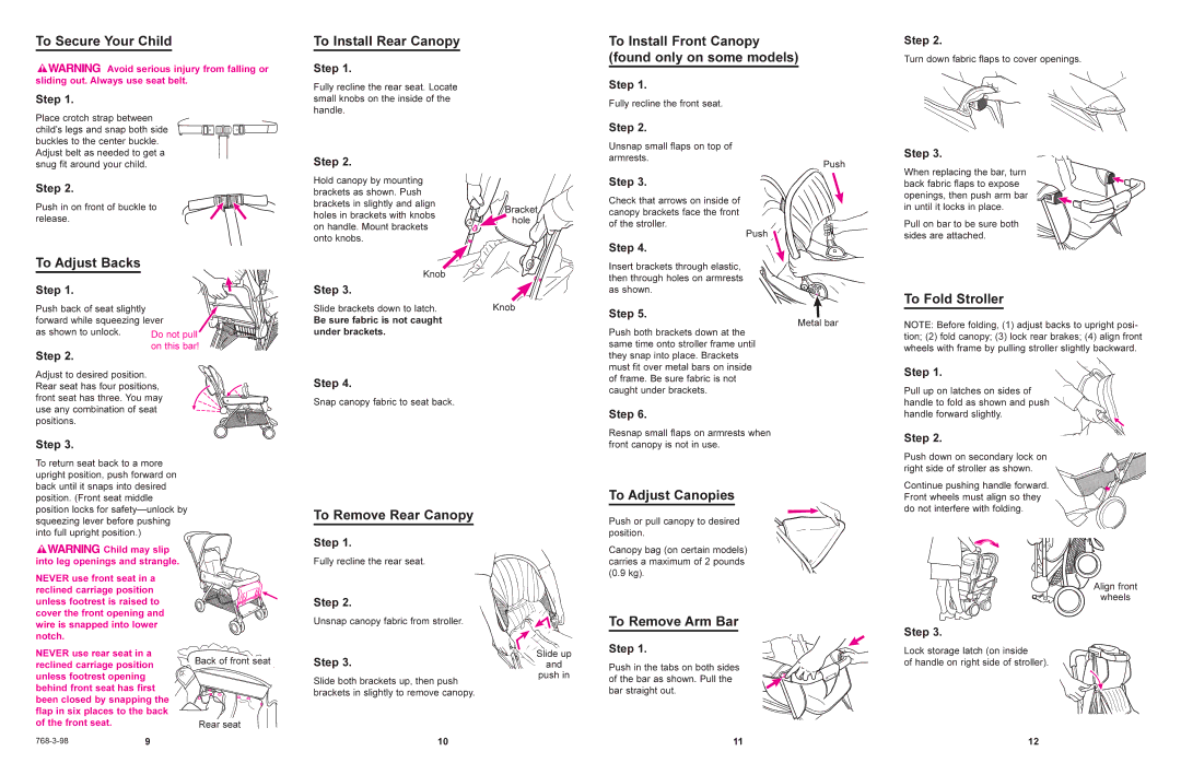 Graco 7980 manual To Secure Your Child To Install Rear Canopy, To Adjust Backs, To Fold Stroller, To Remove Rear Canopy 