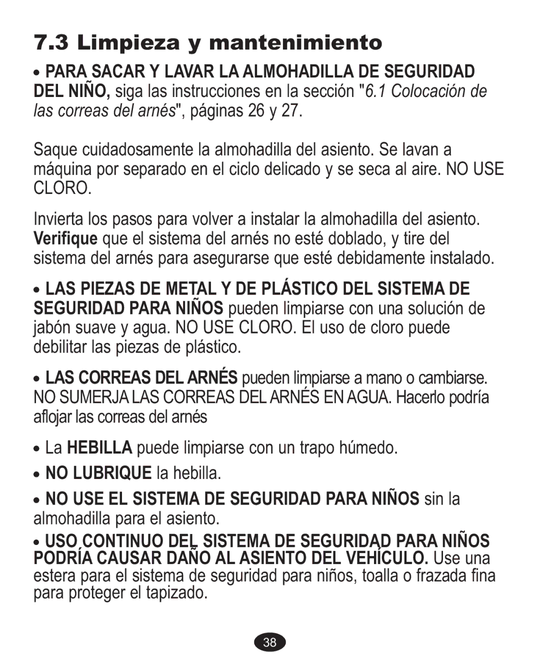 Graco 7255CSA3, 7G10MLB3, 7255JJB3 owner manual Limpieza y mantenimiento, USO Continuo DEL Sistema DE Seguridad Para Niños 