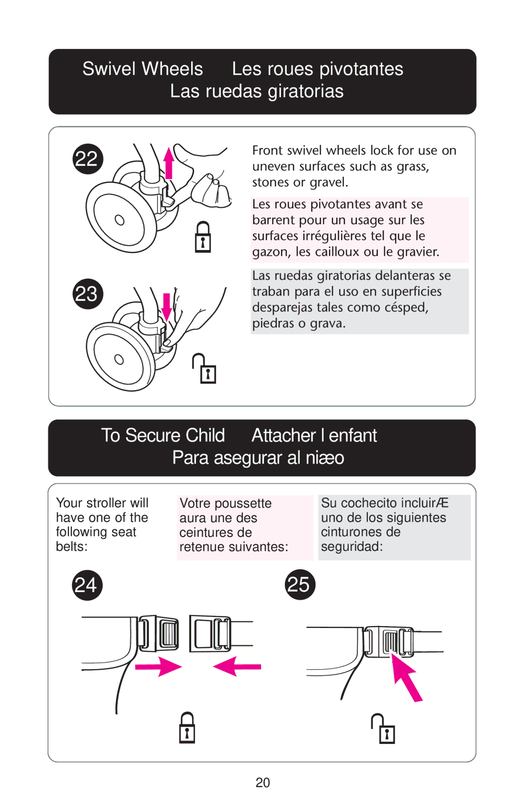 Graco 7255CSA3, 7G10MLB3, 7255JJB3 owner manual Swivel Wheels Les roues pivotantes Las ruedas giratorias 