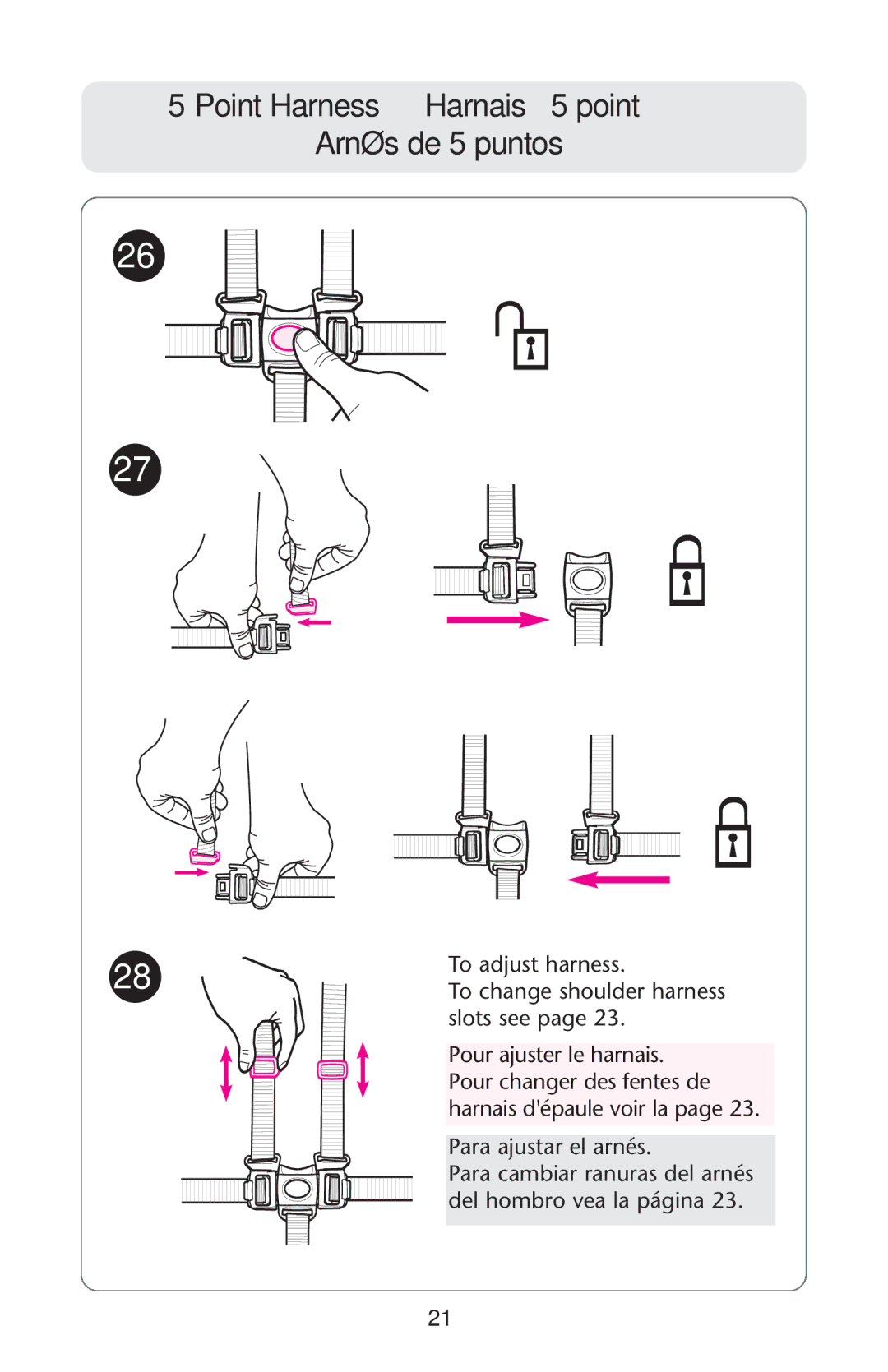 Graco 7G10MLB3, 7255JJB3, 7255CSA3 owner manual Point Harness Harnais à 5 point Arnés de 5 puntos 