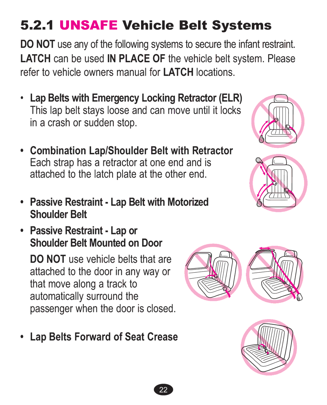 Graco 7G10MLB3, 7255JJB3, 7255CSA3 owner manual Unsafe Vehicle Belt Systems 