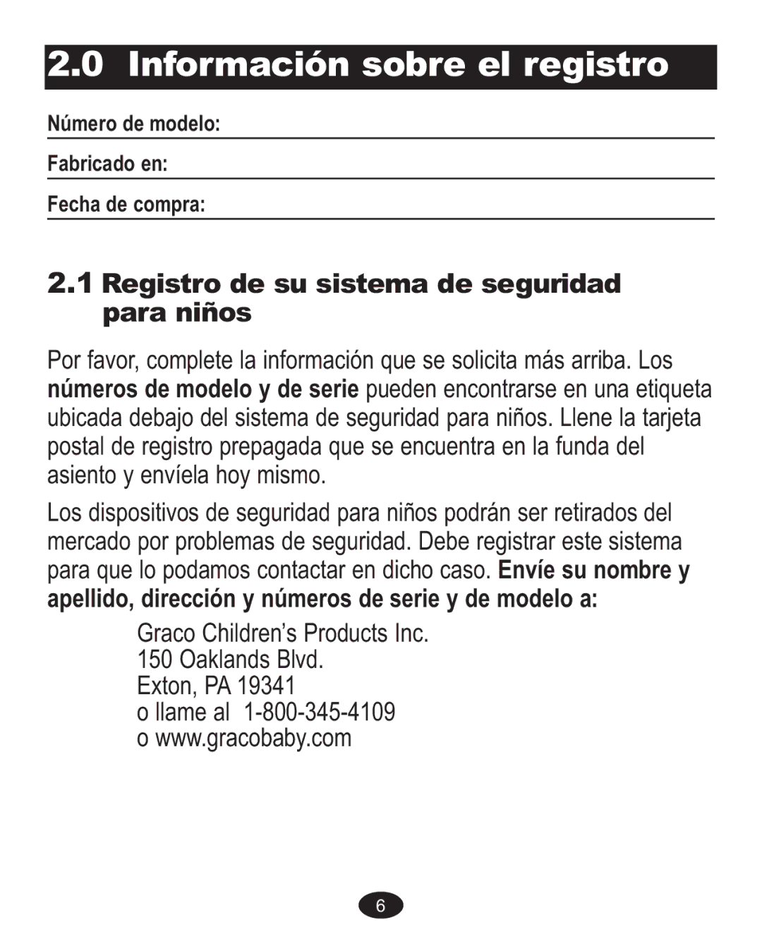 Graco 7G10MLB3, 7255JJB3, 7255CSA3 owner manual Registro de su sistemade seguridad para niños 